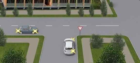 Ілюстрація до питання: Ви водій, рухаючись на сірому автомобілі вирішили повернути праворуч на другому перехресті. Ви:
