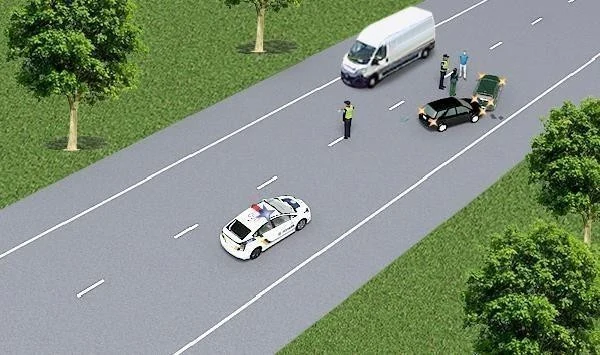 Ілюстрація до питання: Наближаючись до нерухомого автомобіля з увімкненим проблисковим маячком синього кольору, що стоїть на узбіччі (біля…