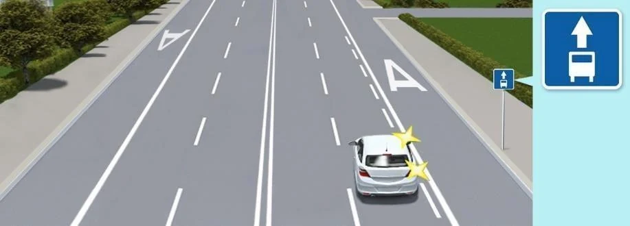 Ілюстрація до питання: У якому випадку водієві білого автомобіля дозволено виїзд на смугу для маршрутних транспортних засобів у даній ситуації?