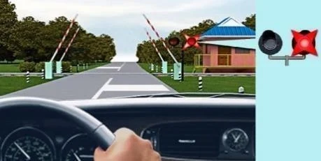Ілюстрація до питання: Як ви повинні вчинити в цій ситуації, коли на залізничному переїзді увімкнулися світлова та звукова сигналізації, а…