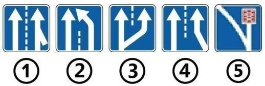 Ілюстрація до питання: Який із зображених дорожніх знаків інформує про те, що додаткова смуга руху прилягає до основної смуги руху на одному…