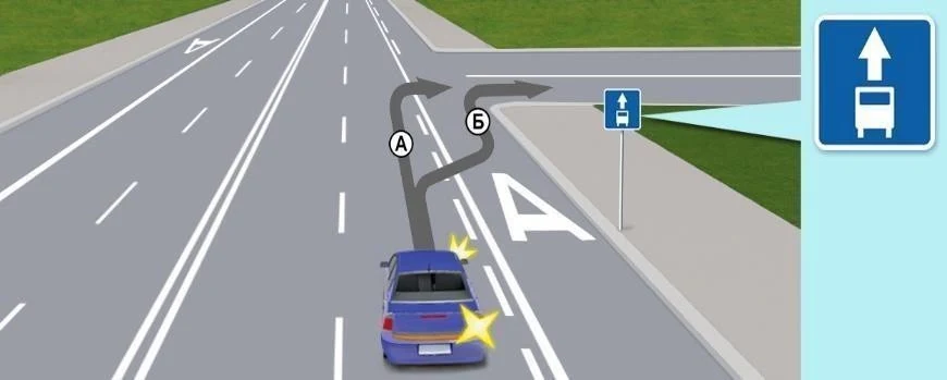 Ілюстрація до питання: По якій траєкторії водієві синього автомобіля дозволено поворот праворуч?